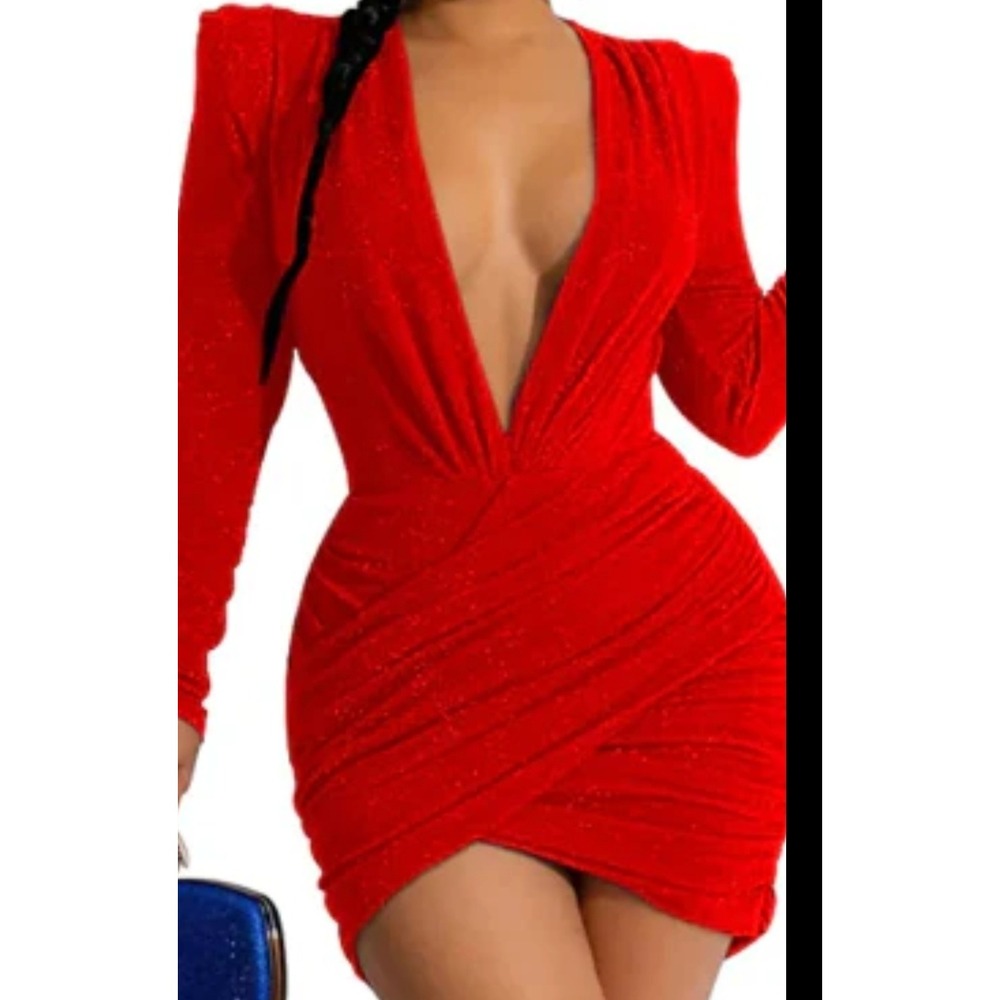 Cameo Red Glitter Deep V-Neck Ruched Wrap Mini Dress Long Sleeve C4090 L (44)